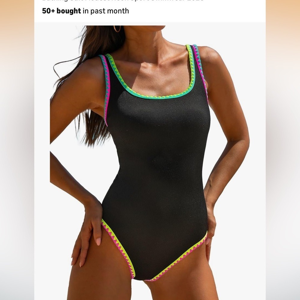 Popvil NWT Large Black‎ Ribbed One Piece Swimsuit Neon Scalloped Trim Scoop Neck